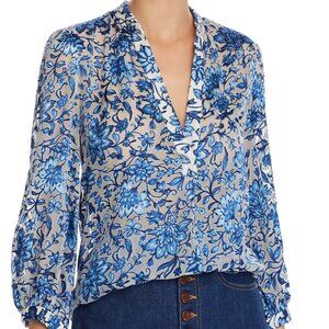 Alice + Olivia Blue white Sheila Floral V-neck blouse shirt top silk sz large